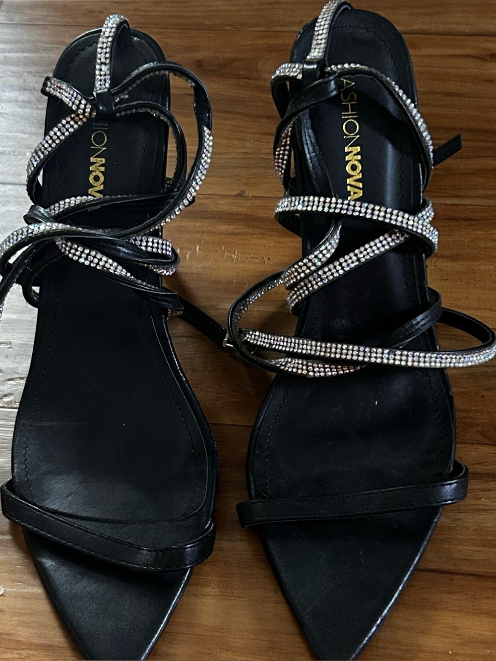 Fashion Nova Black Rhinestone-Strap Heeled Sandals